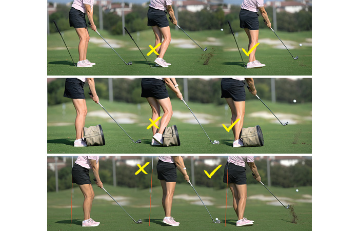  /></p>
<p> </p>
<p>Place your trail foot inside a bucket, leaving a ¼-½ inch space between the lip of the bucket and your trail shin. Hit some half swing shots, not allowing your trail shin to hit the lip on the bucket. In order for your trail shin to not hit the bucket, your pelvis and trail knee must stay back. At impact, weight shifts from the ball of your trail foot into your lead heal, not into your trail toes. Another way to think of it is your trial knee moves toward your lead knee at impact and the follow-through almost kissing your lead knee, rather than moving toward the golf ball and finishing with space between your knees on your follow-through.<span class=